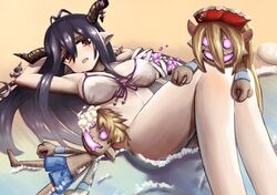  antenna_hair bad_id bad_pixiv_id bags_under_eyes bandaged_arm bandages beach bikini blush breasts covered_nipples dakunesu danua danua_(summer)_(granblue_fantasy) doll draph female front-tie_bikini_top front-tie_top granblue_fantasy gretel_(granblue_fantasy) hair_between_eyes hansel_(granblue_fantasy) horns large_breasts long_hair lying midriff official_alternate_costume on_back open_mouth outdoors pale_skin red_eyes sand_dollar solo stuffed_toy swimsuit water 