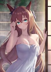  absurdres animal_ears aqua_eyes bare_shoulders bow breasts brown_hair cleavage ear_bow female hair_between_eyes hairbow highres horse_ears horse_girl katsumori_(moyamoyatouhu) large_breasts long_hair looking_at_viewer maruzensky_(umamusume) naked_towel smile solo towel umamusume 