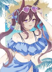  alternate_costume animal_ears bare_shoulders bikini blue_bikini blue_sarong blush brown_hair collarbone ear_covers female frilled_bikini frills hair_between_eyes hat heart heart-shaped_eyewear highres horse_ears horse_girl long_hair looking_at_viewer midriff multicolored_hair purple-tinted_eyewear purple_eyes ri_cochet sarong single_ear_cover smile solo streaked_hair sun_hat sunglasses swimsuit tinted_eyewear twintails umamusume vivlos_(umamusume) white-framed_eyewear 