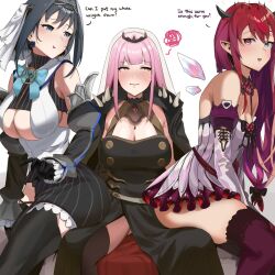  3girls absurdres black_gloves blue_eyes blue_hair blush bow bow_earrings breasts chain_headband chains cleavage clothing_cutout crystal_wings detached_sleeves double_halo dress earrings english_text gloves hair_intakes halo heterochromia highres hololive hololive_english horns irys_(hololive) irys_(irys_2.0)_(hololive) jewelry large_breasts long_hair medium_breasts mori_calliope mori_calliope_(1st_costume) multicolored_hair multiple_girls open_mouth ouro_kronii ouro_kronii_(1st_costume) pink_eyes pink_hair pointy_ears purple_hair red_eyes red_hair short_hair shoulder_spikes simple_background sitting spiked_cape spikes star_halo streaked_hair tanukidraws thighhighs thighs tiara very_long_hair virtual_youtuber white_background 