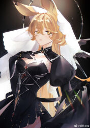  absurdres animal_ears arknights black_dress black_gloves blonde_hair breasts chinese_commentary cleavage commentary_request cowboy_shot dorothy_(arknights) dorothy_(hand_of_destiny)_(arknights) dress elbow_gloves fan_qian_hua_bao female gem glint gloves hair_between_eyes halo hand_on_own_chest head_scarf highres jewelry light_particles long_hair long_sleeves looking_at_viewer medium_breasts necklace official_alternate_costume parted_lips pearl_(gemstone) pearl_necklace ring skirt_hold solo standing star_(symbol) veil watermark weibo_logo weibo_watermark yellow_eyes 