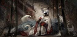  anthro asian_clothing asian_mythology belt black_nose blue_body blue_eyes blue_fur canid canine clothing curtains drawing_sofa east_asian_clothing east_asian_mythology female fox fur hair hi_res japan japanese_clothing japanese_mythology kimono mammal many_tails mythology red_belt solo white_body white_fur white_hair yokai 