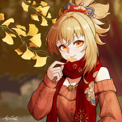  absurdres alternate_costume aquilar bare_shoulders blonde_hair commentary female fingernails genshin_impact highres holding holding_leaf leaf light_blush long_hair looking_at_viewer off-shoulder_sweater off_shoulder patterned_clothing ponytail red_scarf red_sweater scarf signature smile solo sweater yellow_eyes yoimiya_(genshin_impact) 