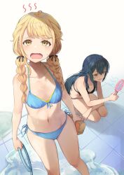  2girls bare_arms bare_shoulders barefoot bikini black_bikini black_ribbon blonde_hair blue_bikini blush breasts collarbone commentary feet_out_of_frame fujita_kotone gakuen_idolmaster green_eyes green_hair hair_ribbon handheld_electric_fan highres holding holding_hose holding_sponge hose idolmaster layered_bikini long_hair low_twintails multiple_girls navel oerba_yun_fang open_mouth ribbon skin_fang small_breasts sponge squatting standing stomach swimsuit taka.yana tsukimura_temari twintails twitter_username water yellow_bikini yellow_eyes 