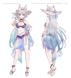  alternate_costume animal_ears aqua_nails bare_shoulders bikini blue_ribbon breasts cleavage closed_mouth commentary csyday ears_through_headwear english_commentary feixiao_(honkai:_star_rail) female flip-flops forehead_jewel fox_ears fox_girl full_body gradient_hair green_eyes green_hair hand_on_own_hip hand_up hat hat_ornament hat_ribbon honkai:_star_rail honkai_(series) large_breasts long_hair looking_at_viewer mixed-language_commentary multicolored_hair multiple_views nail_polish navel parted_bangs purple_bikini purple_sarong reference_sheet ribbon sandals sarong see-through see-through_sarong sidelocks signature simple_background smile standing stomach straw_hat swimsuit turnaround very_long_hair white_background white_hair wolf_girl 