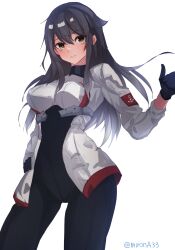  alternate_costume biker_clothes bikesuit black_bodysuit black_hair bodysuit breasts brown_eyes contrapposto female haruna_(kancolle) highres jacket kantai_collection long_hair looking_at_viewer medium_breasts miron_(mirona33) racing_suit simple_background solo thumbs_up white_background white_jacket 