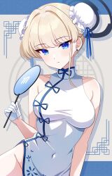  bare_shoulders blonde_hair blue_archive blue_eyes blue_halo breasts china_dress chinese_clothes collarbone covered_navel double_bun dress earrings female gloves groin hair_bun halo hand_fan jewelry medium_breasts sakura_ran short_hair solo thighs toki_(blue_archive) white_dress white_gloves 