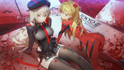  all_fours beret black_gloves black_thighhighs blonde_hair blood blood_stain blue_eyes bodysuit breasts commentary_request cropped_jacket gloves goddess_of_victory:_nikke hat highres interface_headset jacket light_brown_hair long_hair looking_at_viewer medium_breasts necktie neon_genesis_evangelion open_clothes open_jacket plugsuit rapi_(nikke) red_bodysuit red_necktie siino sitting small_breasts souryuu_asuka_langley thighhighs twitter_username very_long_hair yellow_eyes 