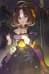  @_@ animal_ears black_dress brown_hair burger_yammmm dress ear_covers female ghost_ornament hairband hashtag-only_commentary highres holding holding_lantern horse_ears horse_girl jack-o&#039;-lantern_brooch jack-o&#039;-lantern_ornament juliet_sleeves lantern long_sleeves meisho_doto_(dot-o&#039;-lantern)_(umamusume) meisho_doto_(umamusume) multicolored_hair official_alternate_costume puffy_sleeves purple_eyes purple_hairband single_ear_cover solo t.m._opera_o_(umamusume) two-tone_hair umamusume white_hair 