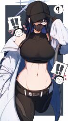  ! !! ? armband bare_shoulders baseball_cap belt black_gloves black_hair black_hat black_pants black_shirt blue_archive blue_eyes blue_hair breasts chibi coat colored_inner_hair crop_top doodle_sensei_(blue_archive) female gin_moku gloves halo hat highres large_breasts long_hair long_sleeves looking_at_viewer mask midriff mouth_mask multicolored_hair navel off_shoulder open_clothes open_coat pants saori_(blue_archive) sensei_(blue_archive) shirt sleeveless sleeveless_shirt solo_focus thighs white_coat 