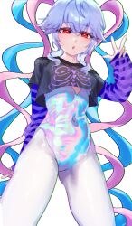  absurdres alternate_costume arm_behind_back black_shirt blue_hair blush breasts covered_navel cowboy_shot cropped_shirt english_commentary female girls&#039;_frontline girls&#039;_frontline_neural_cloud helix_(neural_cloud) highleg highleg_leotard highres leotard looking_at_viewer multicolored_hair needy_girl_overdose open_mouth pantyhose pink_hair print_shirt purple_sleeves quad_tails red_eyes ribu_(rv) shiny_leotard shirt simple_background small_breasts solo striped_sleeves w white_background white_pantyhose 