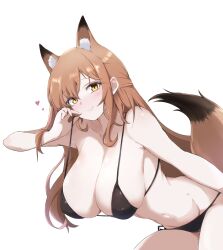  animal_ear_fluff animal_ears arknights bent_over black_bra black_panties blush bra breasts brown_hair brown_tail cleavage closed_mouth commentary_request cowboy_shot female fox_ears fox_girl fox_tail franka_(arknights) hair_between_eyes heart heka=ton highres huge_breasts long_hair looking_at_viewer midriff navel panties simple_background smile solo stomach tail underwear underwear_only white_background yellow_eyes 