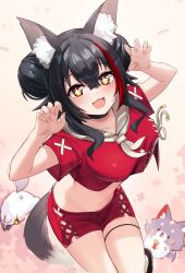  +_+ :3 absurdres animal_ear_fluff animal_ears blush breasts claw_pose commentary crop_top double_bun female fingernails hair_between_eyes hair_bun highres hololive large_breasts looking_at_viewer midriff miofa_(ookami_mio) navel neckerchief oerba_yun_fang official_alternate_costume official_alternate_hairstyle ookami_mio ookami_mio_(another_ookami_mio) open_mouth red_shirt red_shorts sailor_collar shirt short_shorts shorts skin_fang smile solo_focus sparkling_eyes stomach taiga_(ookami_mio) virtual_youtuber white_neckerchief white_sailor_collar wolf_ears wolf_girl woogi_(duguddnr) x yellow_eyes 