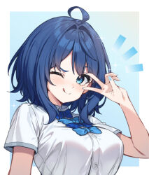  ahoge blue_background blue_bow blue_eyes blue_hair blue_nails bow breasts large_breasts light_blush make_heroine_ga_oo_sugiru! medium_hair one_eye_closed short_sleeves sparkle summer_uniform tongue tongue_out upper_body v yanami_anna yuxian_youka 