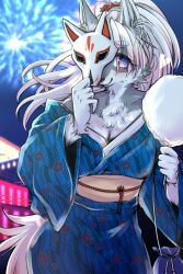  accessory animal_mask anthro asian_clothing blue_clothing blue_eyes breasts canid canine canis chest_tuft cleavage clothed clothing east_asian_clothing female fireworks fox_mask fur grey_body grey_fur hair hair_accessory hi_res japanese_clothing kimono mammal mask okami_bark ookamiwaho pink_hair smile smiling_at_viewer solo tuft wolf 