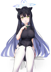  absurdres animal_ears black_hair blue_archive blue_halo breasts chinese_clothes closed_mouth commentary_request female green_eyes halo highres komasi large_breasts long_hair looking_at_viewer pelvic_curtain shun_(blue_archive) simple_background sitting solo thighhighs white_background white_thighhighs 