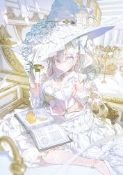  absurdres book bow breasts candle chandelier cleavage detached_sleeves dress earrings female flower frilled_skirt frills gloves grimoire hat highres holding holding_candle hourglass jewelry lace-trimmed_gloves lace_trim long_hair making-of_available negimapurinn original rose single_earring skirt through_medium through_page upside-down_background white_bow white_eyes white_flower white_gloves white_hair white_rose witch witch_hat 