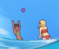  2girls a_hat_in_time aged_up ball beachball bikini black_hair blonde_hair blue_hairband blue_sky bow_kid commentary dark-skinned_female dark_skin english_commentary fujimna green_bikini hairband hands_up long_hair looking_at_another multiple_girls mustache_girl navel ocean open_mouth outdoors red_bikini sky strapless swimsuit very_dark_skin wading water 