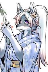  accessory anthro asian_clothing bamboo canid canine canis clothing east_asian_clothing female fur grey_body grey_fur hair hair_accessory hi_res japanese_clothing kimono mammal okami_bark ookamiwaho purple_eyes smile solo tanabata tanzaku wolf 