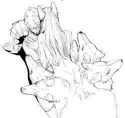  1boy animal_ears commentary_request cowgirl_position dungeon_meshi female from_above greyscale hakomiso laios_touden marcille_donato marcille_donato_(scylla) monochrome monster_girl multiple_heads nude simple_background taur wolf wolf_ears 