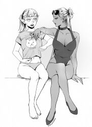  2girls bikini bikini_bottom_only breasts choker cithis dark-skinned_female dark_elf dark_skin dungeon_meshi earrings elf eyewear_on_head half_updo highres jewelry large_breasts long_hair midriff_peek monochrome multiple_girls navel notched_ear official_alternate_costume ohiruneshita one-piece_swimsuit pattadol pointy_ears ponytail print_shirt shirt shirt_grab short_sleeves simple_background sitting small_breasts sweatdrop swimsuit t-shirt white_background 