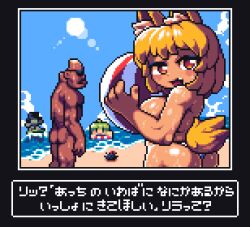  1boy 2girls alternate_costume animal_ear_fluff animal_ears ass back bald ball beachball bikini blonde_hair blue_sky breasts brown_eyes cloud commentary_request cookie_(touhou) cowboy_shot day fox_ears fox_girl fox_tail highres holding holding_ball holding_beachball large_breasts lens_flare looking_at_viewer manatsu_no_yo_no_inmu miramikaru_riran multiple_girls open_mouth outdoors pixel_art short_hair sky smile sunglasses swimsuit tail takuya_(acceed) tonchamon_san tone_sphere translation_request trin_(tone_sphere) white_bikini 