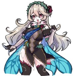  :d bare_shoulders black_dress blue_cape cape corrin_(female)_(fire_emblem) corrin_(female)_(resplendent)_(fire_emblem) corrin_(fire_emblem) covered_navel dress elbow_gloves female fire_emblem fire_emblem_fates fire_emblem_heroes flower gloves hair_between_eyes hair_flower hair_ornament hair_vines highres long_hair looking_at_viewer official_alternate_costume open_mouth pointy_ears red_eyes shiro0239 smile solo white_background white_hair wing_cape 