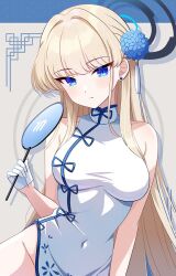  bare_shoulders blonde_hair blue_archive blue_eyes blue_halo breasts china_dress chinese_clothes collarbone covered_navel dress earrings female flower gloves groin hair_flower hair_ornament halo hand_fan jewelry long_hair medium_breasts sakura_ran solo thighs toki_(blue_archive) white_dress white_gloves 