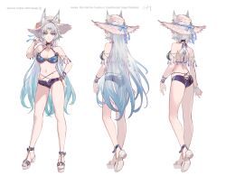  alternate_costume animal_ears aqua_nails bare_shoulders bikini blue_ribbon breasts cleavage closed_mouth commentary csyday ears_through_headwear english_commentary feixiao_(honkai:_star_rail) female flip-flops forehead_jewel fox_ears fox_girl full_body gradient_hair green_eyes green_hair hand_on_own_hip hand_up hat hat_ornament hat_ribbon honkai:_star_rail honkai_(series) large_breasts long_hair looking_at_viewer mixed-language_commentary multicolored_hair multiple_views nail_polish navel parted_bangs purple_bikini purple_sarong reference_sheet ribbon sandals sarong see-through see-through_sarong sidelocks signature simple_background smile standing stomach straw_hat swimsuit turnaround very_long_hair white_background white_hair wolf_girl 