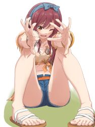  bare_legs belt blue_bow blue_shorts blush bow bracelet breasts denim denim_shorts eyewear_hang feet female foreshortening hairband highres idolmaster idolmaster_shiny_colors ito_(itokayu) jewelry legs long_hair looking_at_viewer medium_breasts midriff navel official_alternate_costume official_alternate_hairstyle one_eye_closed open_hand open_mouth orange_belt osaki_amana outstretched_arms reaching reaching_towards_viewer red_hair sandals shirt short_shorts shorts sitting smile solo sunglasses swept_bangs tied_shirt tinted_eyewear toes unworn_eyewear yellow_eyes 