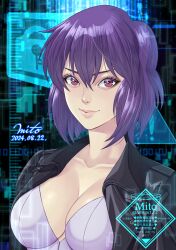  black_shirt breasts brown_eyes cleavage closed_mouth collared_shirt commentary_request female ghost_in_the_shell hair_between_eyes highres kusanagi_motoko large_breasts leotard lips long_sleeves looking_at_viewer medium_hair mito_amatsu purple_hair shirt smile solo upper_body white_leotard 