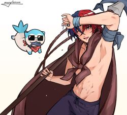  2boys abs alear_(fire_emblem) alear_(male)_(fire_emblem) bandana blue_eyes blue_fur blue_hair cape crossed_bangs fire_emblem fire_emblem_engage fish highres male_focus merylemons multicolored_hair multiple_boys official_alternate_costume official_alternate_hairstyle red_bandana red_hair short_hair smile sommie_(fire_emblem) sunglasses two-tone_fur two-tone_hair white_fur 