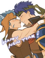  2boys animal_ears blue_hair cat_boy cat_ears closed_eyes fire_emblem fire_emblem:_radiant_dawn from_side green_headband happy_new_year headband highres hug ike_(fire_emblem) julianlynnnn laguz_(fire_emblem) licking_nose male_focus multiple_boys ranulf_(fire_emblem) short_hair sleeveless tongue tongue_out white_background yaoi 