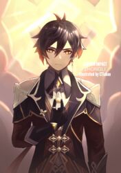  1boy artist_name black_hair character_name copyright_name ctiahao genshin_impact glowing glowing_eyes highres holding holding_jewelry holding_necklace jewelry looking_at_viewer male_focus necklace solo yellow_eyes zhongli_(genshin_impact) 