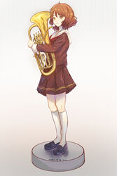  ahoge artist_name english_commentary euphonium female from_side gradient_background hair_between_eyes hibike!_euphonium holding holding_instrument instrument kitauji_high_school_uniform kneehighs light_smile loafers looking_at_viewer naoel_(naoel_art) neckerchief orange_eyes orange_hair oumae_kumiko pleated_skirt polka_dot red_neckerchief red_shirt red_skirt sailor_collar school_uniform serafuku shirt shoes short_hair simple_background skirt socks solo standing white_background white_socks 