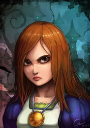  alice:_madness_returns alice_liddell_(american_mcgee&#039;s_alice) american_mcgee&#039;s_alice breasts brown_hair c-tree closed_mouth dress female highres long_hair looking_at_viewer solo 