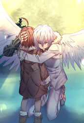  1boy accelerator_(toaru_majutsu_no_index) ahoge albino aneunyeoja angel_wings boots breasts brown_coat brown_footwear brown_hair coat energy energy_wings feathered_wings feathers female fur-trimmed_boots fur-trimmed_hood fur-trimmed_sleeves fur_trim highres hood hug kneeling large_breasts last_order_(toaru_majutsu_no_index) long_sleeves magic mittens outdoors pants psychic red_eyes scenery short_hair sky snow spread_wings standing toaru_majutsu_no_index tree white_coat white_hair white_pants white_wings wings winter winter_clothes winter_coat 