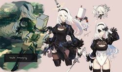  2b_(nier:automata) 2b_(nier:automata)_(cosplay) a2_(nier:automata) android araiyme artist_name black_blindfold black_dress black_footwear black_gloves black_thighhighs blindfold blindfold_lift blue_eyes boots cleavage_cutout clothing_cutout commentary cosplay dress english_commentary feather-trimmed_sleeves female gloves hair_between_eyes hairband high_heel_boots high_heels highres holding holding_sword holding_weapon juliet_sleeves katana leotard long_hair long_sleeves mole mole_under_mouth multiple_views nier:automata nier_(series) pod_(nier:automata) puffy_sleeves sword thigh_boots thighhighs thighhighs_under_boots very_long_hair virtuous_contract virtuous_treaty walking weapon weapon_on_back white_hair white_leotard 