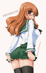  ass black_thighhighs blush breasts brown_eyes female girls_und_panzer glasses green_sailor_collar green_skirt highres large_breasts long_hair looking_at_viewer looking_back ooarai_school_uniform open_mouth orange_hair pleated_skirt sailor_collar school_uniform simple_background skirt skirt_hold solo standing takebe_saori thighhighs white_background yokoshima_takemaru zettai_ryouiki 