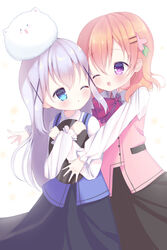  2girls :d bangs blouse blue_eyes blue_hair blue_vest bob_cut bow collared_blouse flower gochuumon_wa_usagi_desu_ka? hair_flower hair_ornament hairpin highres hoto_cocoa hug kafuu_chino long_hair long_skirt long_sleeves mashimyu multiple_girls orange_hair purple_eyes rabbit_house_uniform skirt smile tippy_(gochiusa) vest white_background x_hair_ornament 