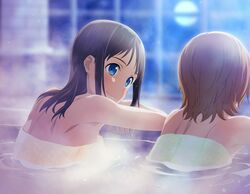  2girls bare_arms bare_shoulders bathing blonde_hair blue_eyes blurry blurry_background breasts brown_hair closed_mouth fizel_(sao) full_moon game_cg long_hair looking_at_another medium_breasts moon multiple_girls naked_towel partially_submerged ronye_arabel same-sex_bathing shared_bathing short_hair shoulder_blades sideboob smile steam straight_hair sword_art_online sword_art_online:_alicization sword_art_online:_unleashed_blading towel upper_body 