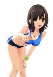  :d bare_shoulders bent_over breasts brown_eyes brown_hair buruma cleavage collarbone commentary_request female highres large_breasts light_blush long_hair looking_at_viewer navel nonaka_ritsu open_mouth original pointing pointing_at_viewer short_shorts shorts simple_background smile solo sportswear touka_(nonaka_ritsu) white_background wristband 