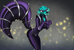  2021 4_fingers alien antennae_(anatomy) anthro ariajr big_tail black_bodysuit black_nose blue_body blue_fur blue_sky_studios bodysuit breasts cheek_tuft chest_tuft clothing detailed_background digital_media_(artwork) eyelashes facial_tuft fangs female fingers fur gloves handwear ice_age_(series) looking_down mammal purple_clothing purple_eyes purple_gloves purple_handwear rodent saber-toothed_squirrel sabertooth_(anatomy) sciurid scratazon scratazon_leader signature skinsuit solo tail teeth tight_clothing tree_squirrel tuft 