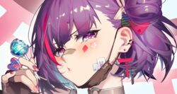  bandaid bandaid_on_face bandaid_on_nose between_fingers blush candy character_name choker dl_(dl_6ix) earrings female fingerless_gloves food gloves hand_up heart heart-shaped_pupils holding holding_candy holding_food jewelry lollipop mask mask_pull mouth_mask multicolored_hair nail_polish one_side_up pout prismplus purple_eyes purple_nails short_hair solo streaked_hair symbol-shaped_pupils tenjin_kotone torii_earrings two-tone_hair virtual_youtuber 