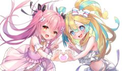  2girls :o absurdres amakawa_hano aqua_eyes aqua_hair bettle_(b_s_a_n) black_ribbon blonde_hair blue_background blush bow bubble dress hairbow heart heart_hands heart_hands_duo highres himekuma_ribon long_hair midriff multicolored_hair multiple_girls navel outdoors pink_dress pink_hair re:act ribbon transparent_background two-tone_hair v virtual_youtuber 