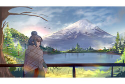  absurdres arm_support backlighting bare_tree bird blanket blue_hair blue_sky closed_mouth cowboy_shot english_commentary female fence flying fog from_side grass hair_bun highres lake long_sleeves looking_to_the_side mount_fuji mountain mountainous_horizon naoel_(naoel_art) outdoors pine_tree purple_eyes scenery shima_rin sidelocks single_hair_bun sky solo standing tree white_background wide_shot yurucamp 