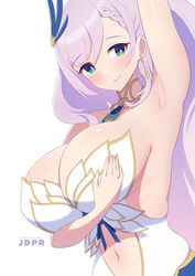  aqua_eyes armpits artist_name blue_eyes blush braid braided_bangs breasts cleavage closed_mouth clothing_cutout earrings feather_hair_ornament feathers female grey_hair hair_ornament hololive hololive_indonesia jdpr jewelry large_breasts long_hair looking_at_viewer navel navel_cutout patreon_logo patreon_username pavolia_reine pavolia_reine_(1st_costume) presenting_armpit ribs smile solo swept_bangs virtual_youtuber web_address white_background 