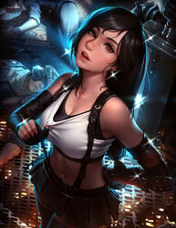  1boy 3others absurdres black_hair black_skirt black_thighhighs black_undershirt breasts brown_eyes buster_sword cleavage_reach cloud_strife collaboration crop_top earrings elbow_gloves elbow_pads english_commentary female final_fantasy final_fantasy_vii final_fantasy_vii_remake fingerless_gloves from_above gloves gun hand_on_own_hip helmet highres holding holding_sword holding_weapon jewelry large_breasts lips long_hair looking_at_viewer low-tied_long_hair lying midriff miniskirt multiple_others navel on_back on_side open_mouth parted_bangs photoshop_(medium) raikoart red_eyes shinra_infantry_uniform shirt shirt_tug skirt solo_focus stomach suspender_skirt suspenders sweat sword tank_top taut_clothes taut_shirt thighhighs tifa_lockhart tsuaii undershirt weapon white_tank_top zettai_ryouiki 