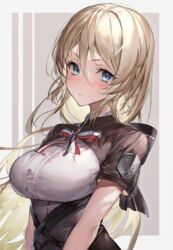  absurdres azur_lane bismarck_(azur_lane) bismarck_(iron_black_elysium)_(azur_lane) blonde_hair blue_eyes blush breasts closed_mouth female hair_between_eyes highres kabi_(zcwd8845) large_breasts long_hair looking_at_viewer official_alternate_costume ribbon short_sleeves solo upper_body 