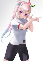  adhitya_herdiawan airani_iofifteen alternate_costume bike_shorts cycling_uniform female fox_shadow_puppet gradient_background hair_ribbon highres hololive hololive_indonesia looking_at_viewer purple_eyes ribbon side_ponytail solo virtual_youtuber 